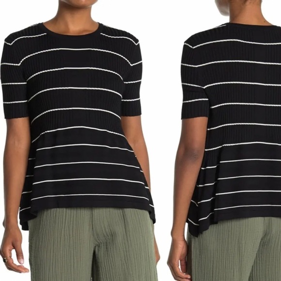 - NWT Anthropologie Black White Current Air Stripe Babydoll Peplum Top Rib Knit - Picture 1 of 9